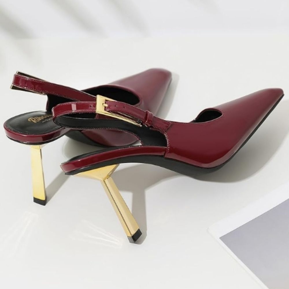 Ribongz Elegant Burgundy Faux Patent Leather Slingback Heels Size 8.5 NWT - Picture 8 of 14
